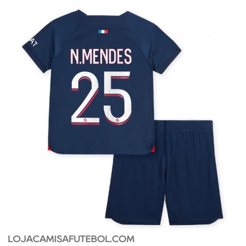 Camisa de Futebol Paris Saint-Germain Nuno Mendes #25 Equipamento Principal Infantil 2023-24 Manga Curta (+ Calças curtas)